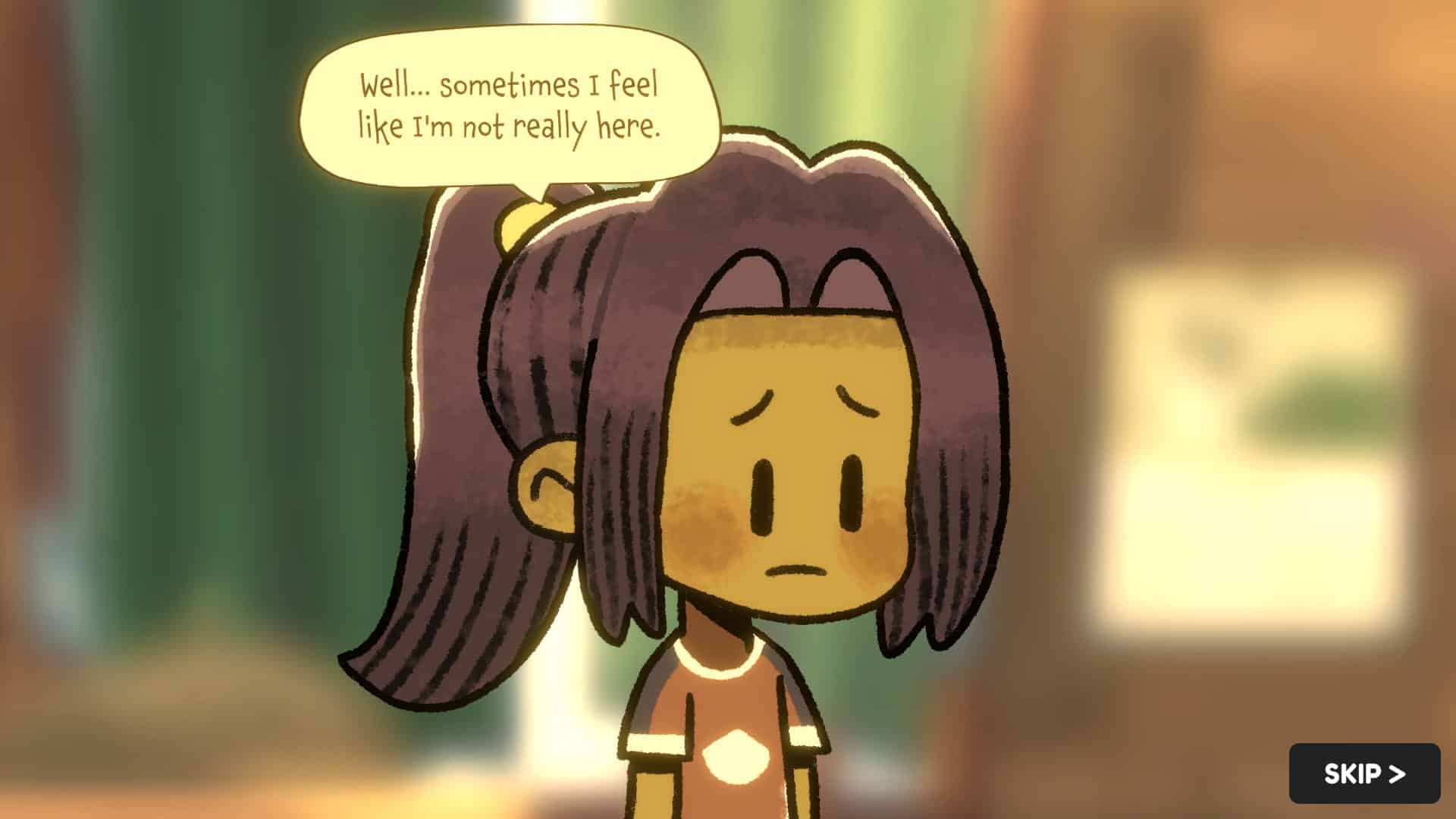 Dancing with Ghost's character with dark hair, wearing a red shirt, looks sad and distant. A speech bubble reads, "Well... sometimes I feel like I'm not really here"