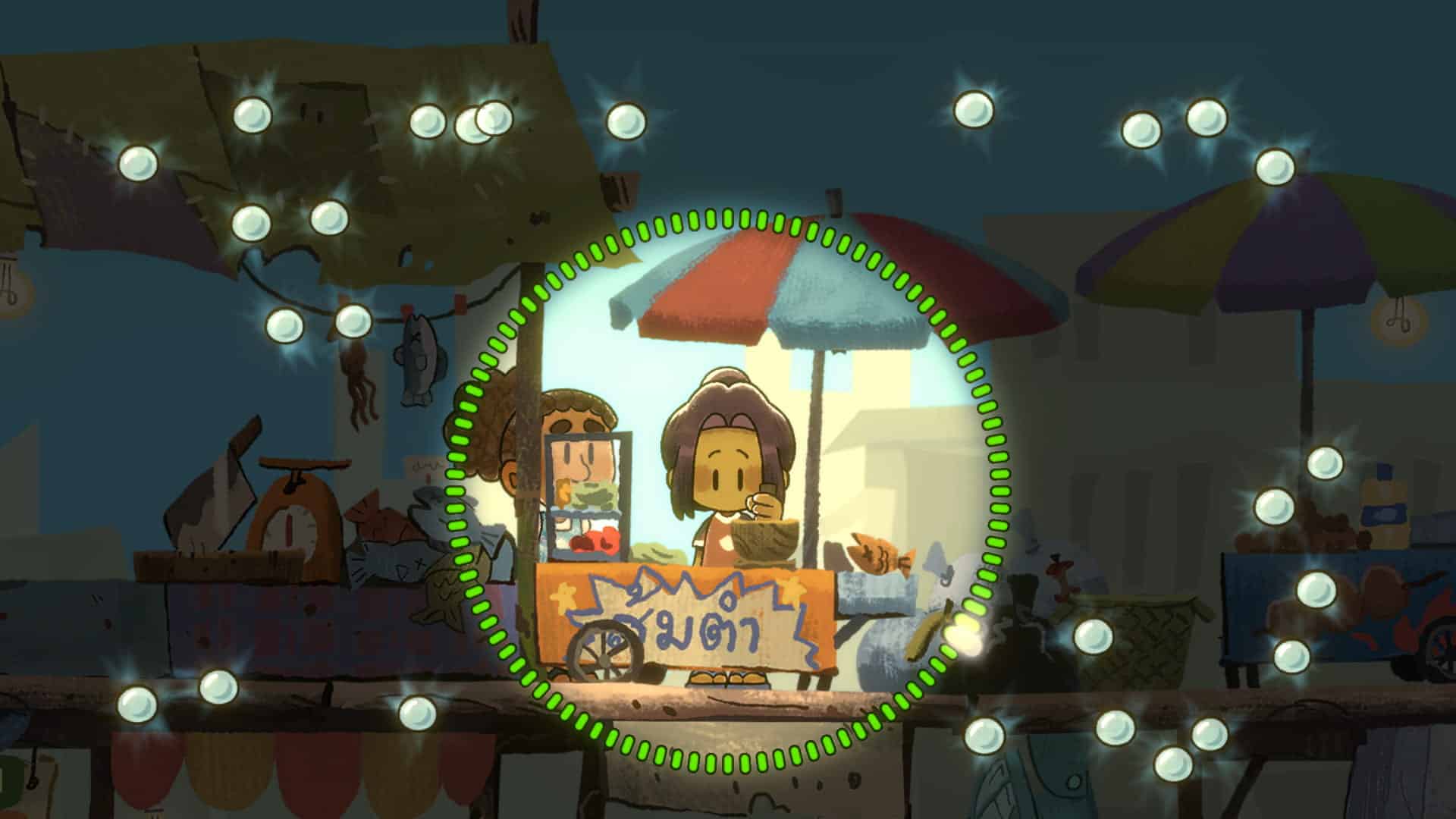 Dancing with Ghosts scene with two characters at a food cart, under vibrant umbrellas