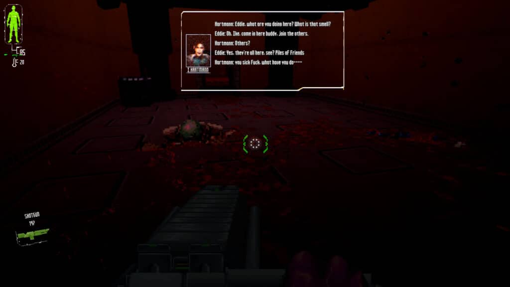 First-person view in a bloody sci-fi room with dialogue text appearing on screen