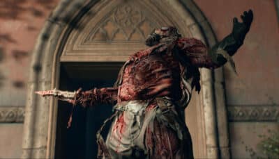 Mutated zombie in bloodied clothes standing in front of a building entrance