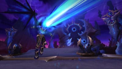 WoW Midnight character casting blue energy spell in dark fortress