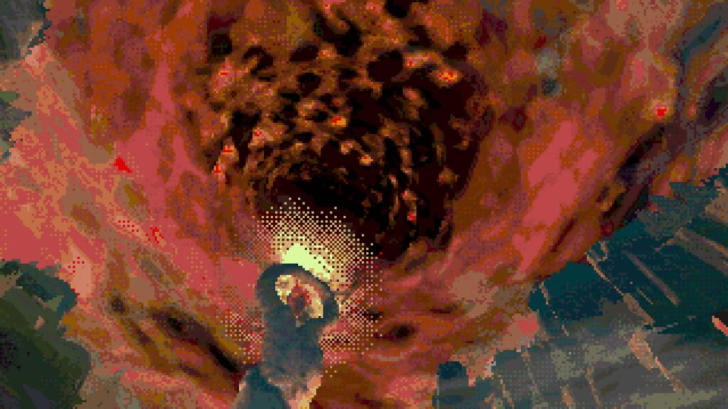 Pixelated first-person view falling into grotesque organic tunnel