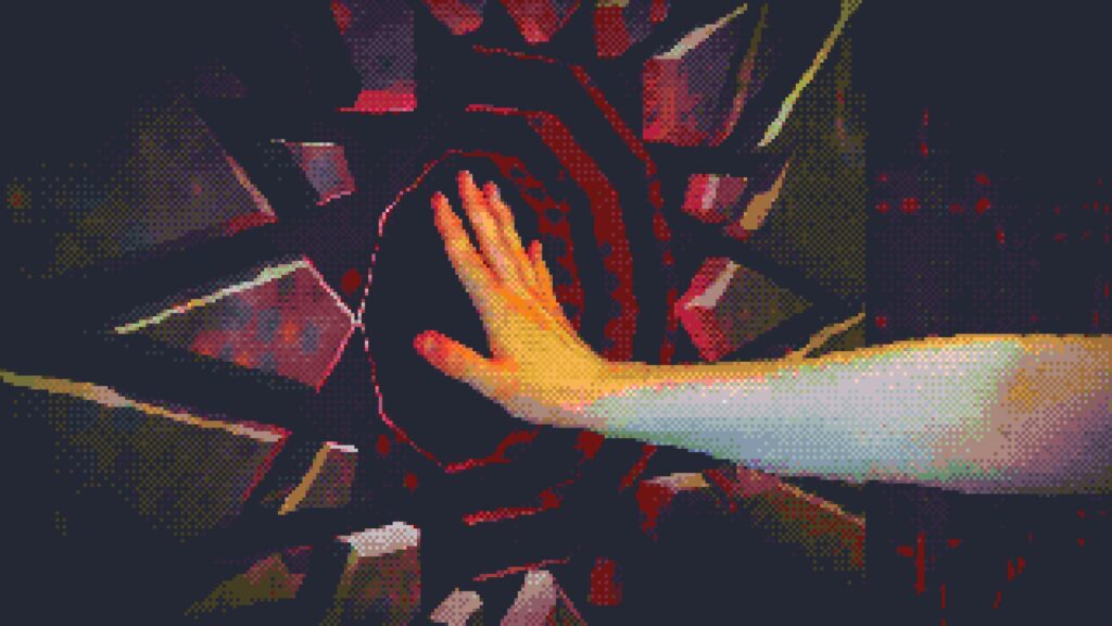 Pixelated first-person view of hand touching glowing red rune on dark wall