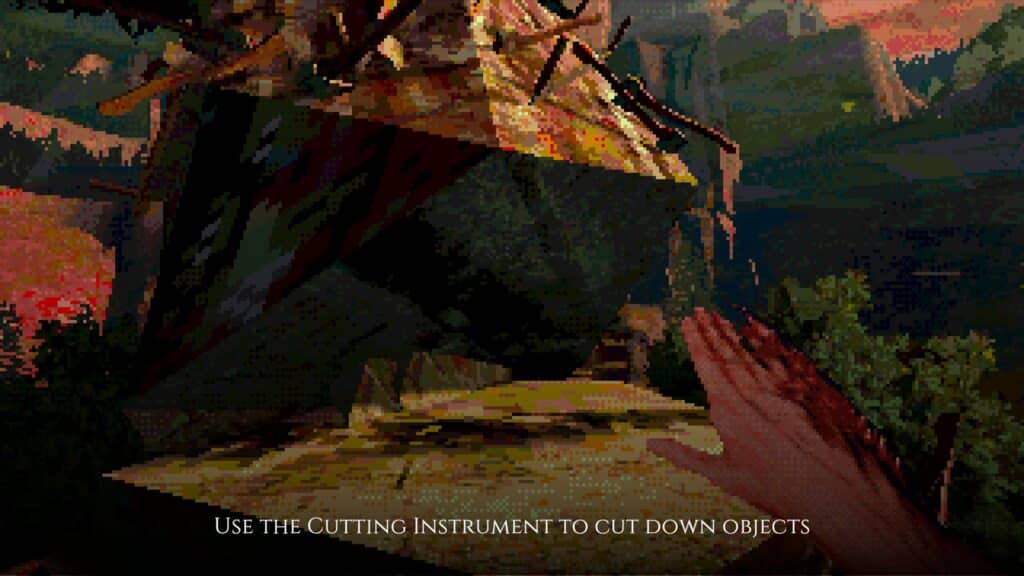 Pixelated first-person view of bloody hand near blocked passage with text prompt