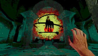 Pixelated first-person view of glowing eldritch sigil inside ruined temple