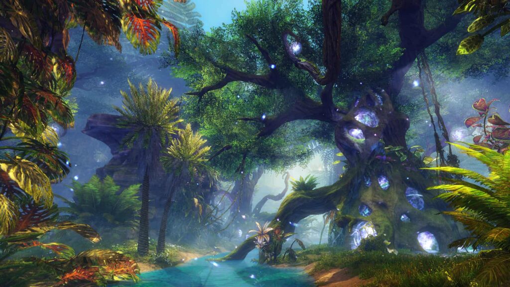 Lush forest with glowing crystal trees