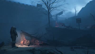 Astronaut stands by corpse in ruins