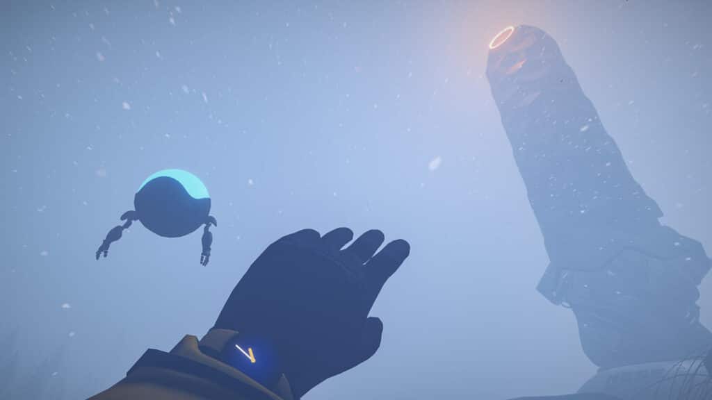Gloved hand reaching toward floating robot and tall tower in Arctic storm