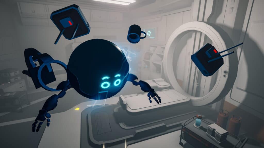 Small spherical robot with glowing face hovering among objects in Arctic Awakening