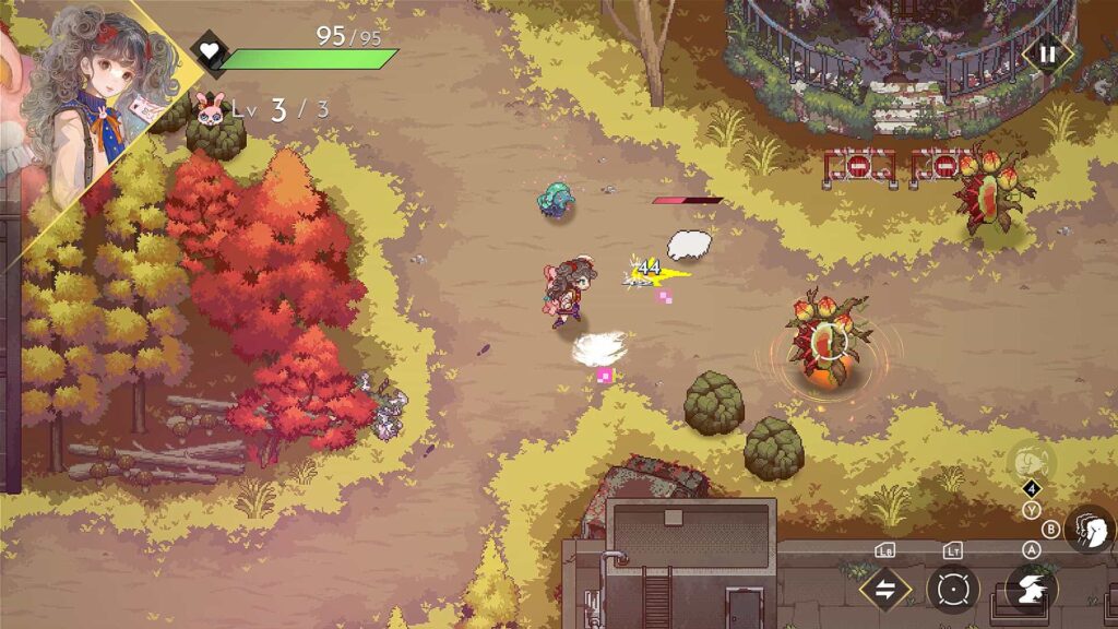 Pixel art combat in a forest with Hyke fighting plant monsters