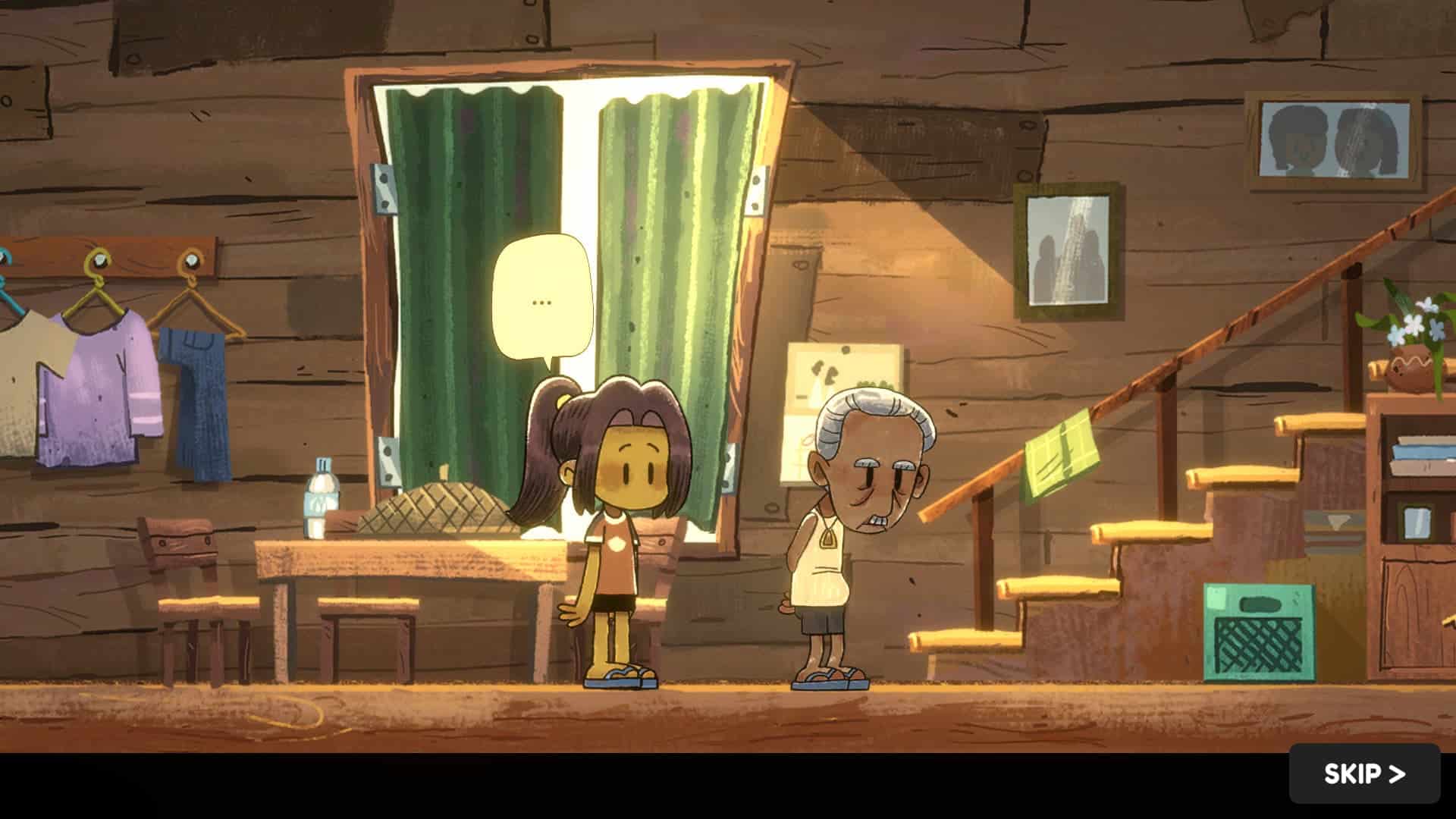 Dancing with Ghosts scene of a girl and an elderly man standing in a cozy wooden interior