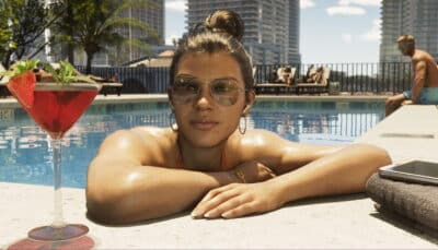 Woman in sunglasses leaning on pool edge with cocktail in GTA game scene