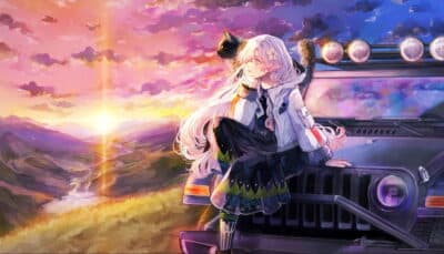 Anime girl with long hair and a cat sits on a jeep at sunset