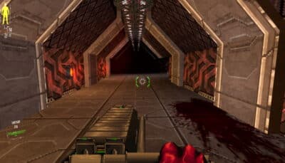 First-person view of a sci-fi hallway with blood on the floor and a shotgun equipped