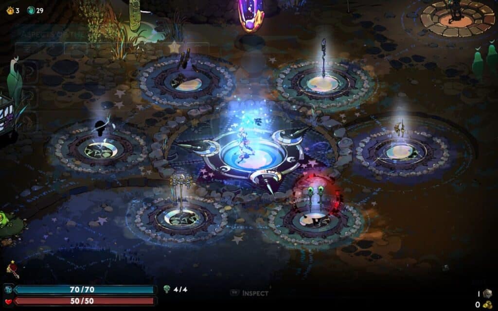 Hades 2 scene of Melinoe standing in the Crossroads, surrounded by weapon altars and glowing portals