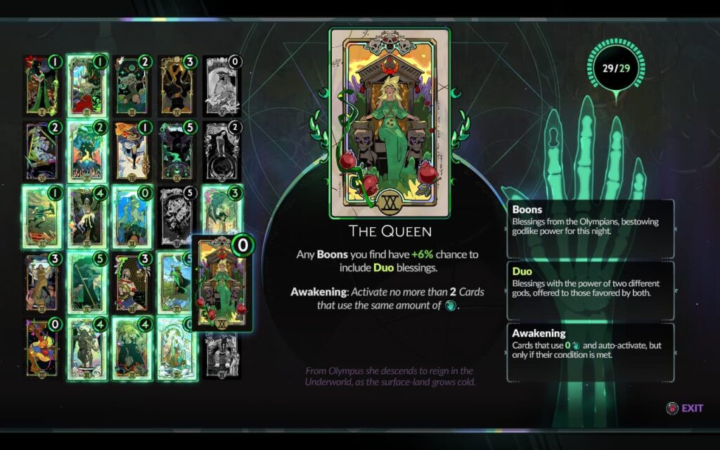 Hades 2 Arcana Card menu showing The Queen card, which increases chances of Duo boons