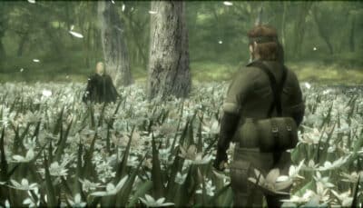 Metal Gear Solid 3 Snake Eater final battle between Naked Snake and The Boss in flower field