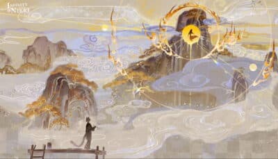 Traditional-style painting with mountains, clouds, and golden motifs