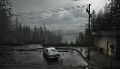 A lone figure stands by a misty forest edge, overlooking a tranquil lake under a cloudy sky. An old car is parked nearby on the wet pavement