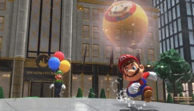 Mario joyfully runs through New Donk City streets, splashing water. A large balloon with a colorful design floats above