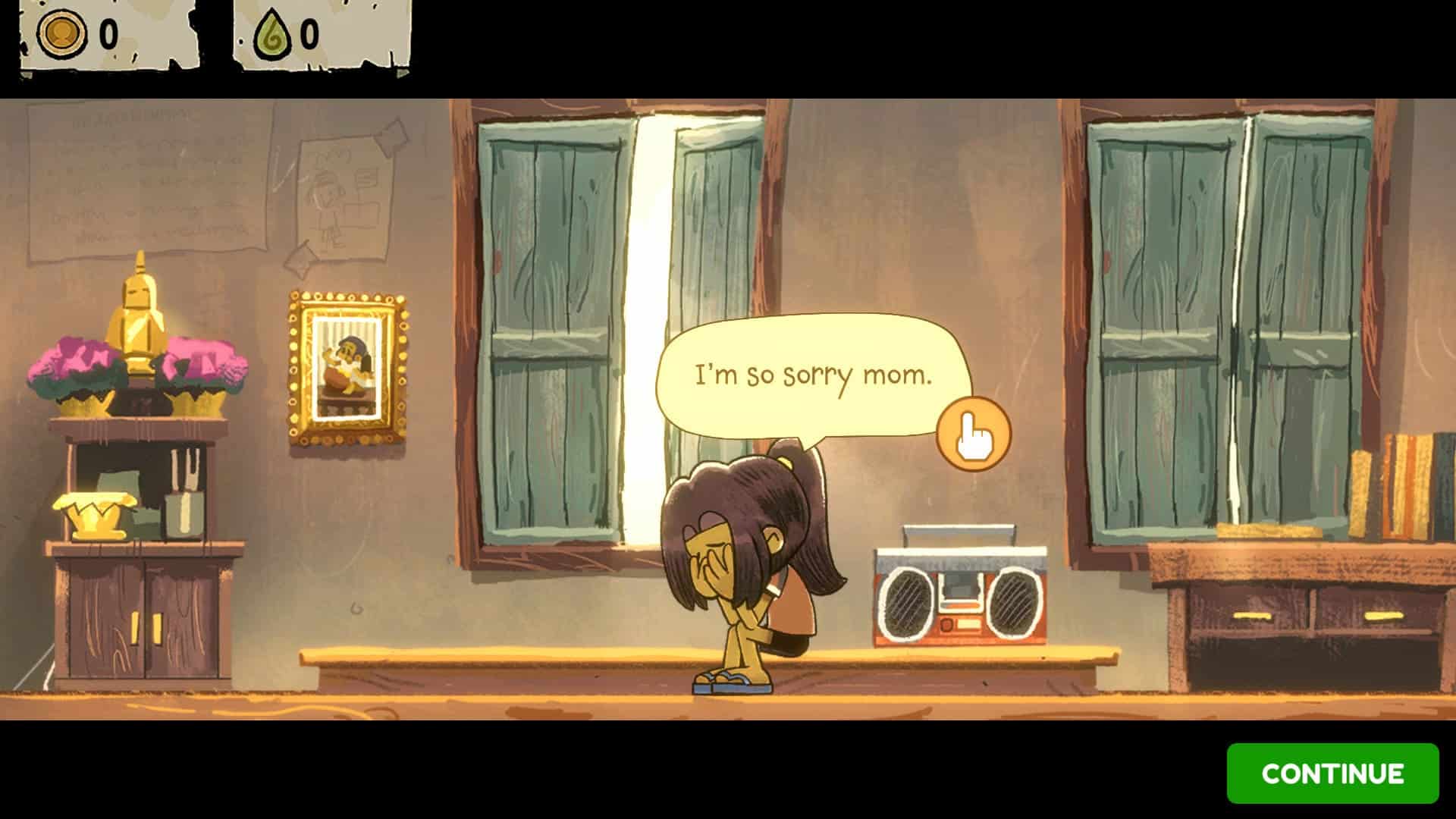 Dancing with Ghost's character looking upset with head bowed, saying "I'm so sorry mom"