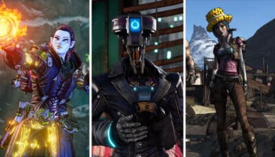 Collage of Borderlands characters including Vault Hunter with fire spell, robot in trench coat, and woman in wasteland outfit