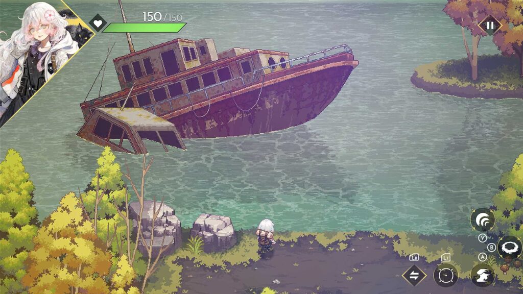 Pixel art character standing by a lake with a sunken ship