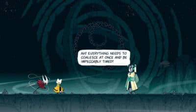 Hornet and Yi facing NPC with dialogue text in crossover scene