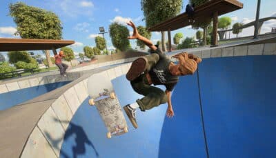 A skater performing an aerial trick over a pool in Skate 2025