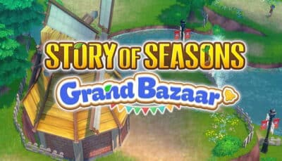 Illustrated game cover for "Story of Seasons: Grand Bazaar" with a windmill by a pond