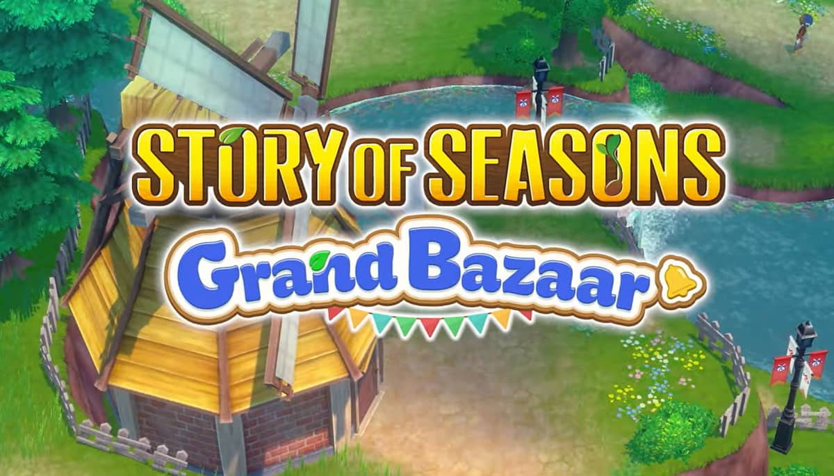 Illustrated game cover for "Story of Seasons: Grand Bazaar" with a windmill by a pond