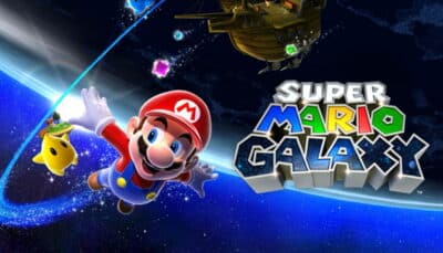 Mario, in a red hat, joyfully floats in space alongside a yellow star character. He's near a starry path with a spaceship