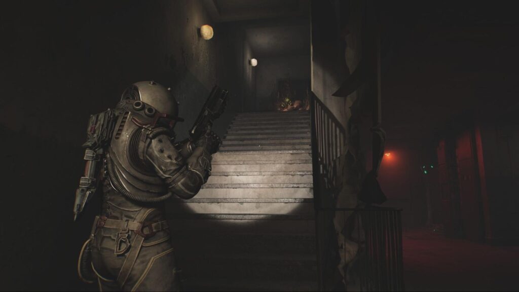 The Traveler aiming a weapon up a dark staircase in Cronos The New Dawn