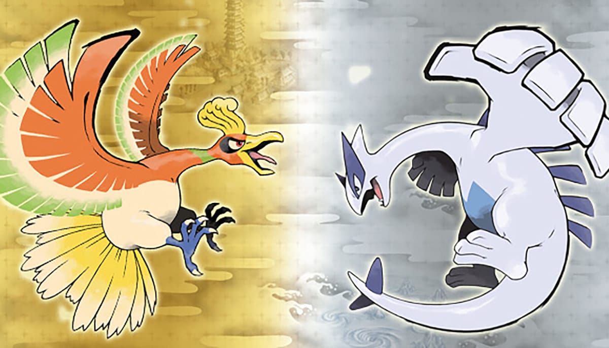 Legendary Pokémon Ho-Oh and Lugia facing off