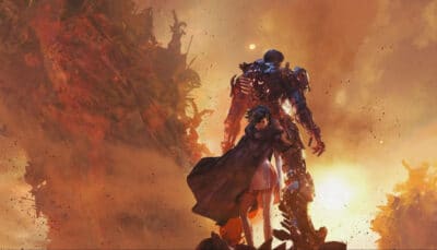 Promotional artwork showing a mech and its pilot standing together against a fiery backdrop in Daemon X Machina Titanic Scion