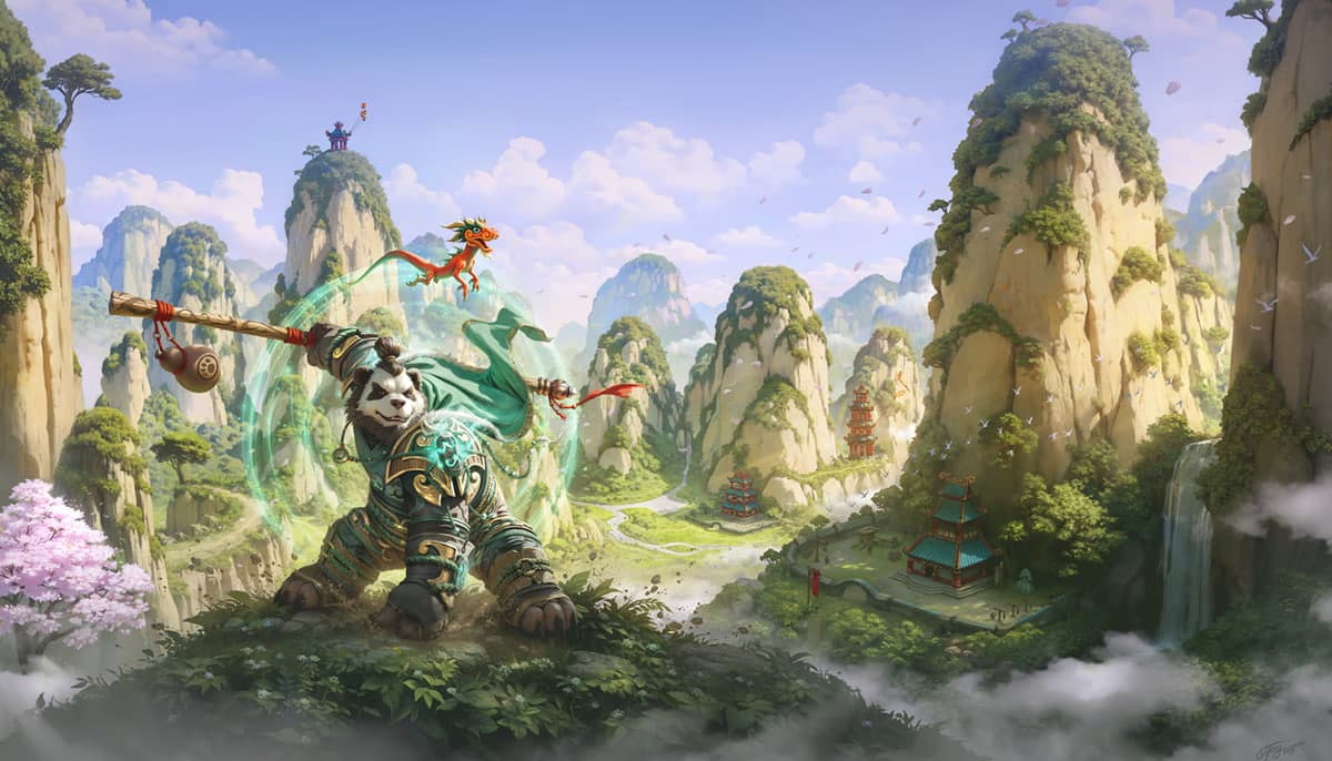 Pandaren warrior with dragon in Pandaria mountains WoW
