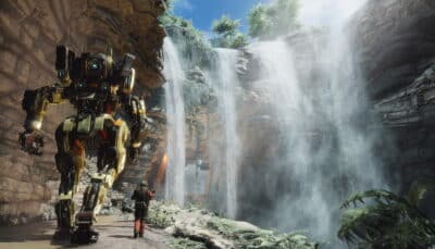 Pilot walking beside Titan mech near towering waterfalls in lush canyon