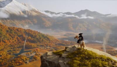 Samurai on horseback overlooking autumn mountains in Ghost of Yotei