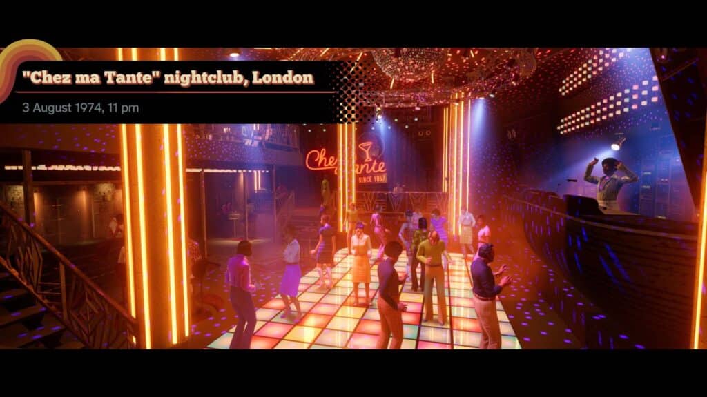 A nightclub dance floor in the 1970s setting, filled with colorful lights and people dancing while a DJ performs.
