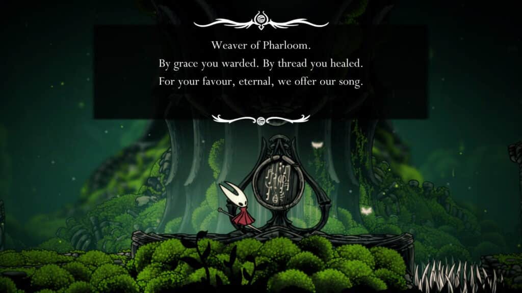 Hornet reading lore tablet in Hollow Knight Silksong