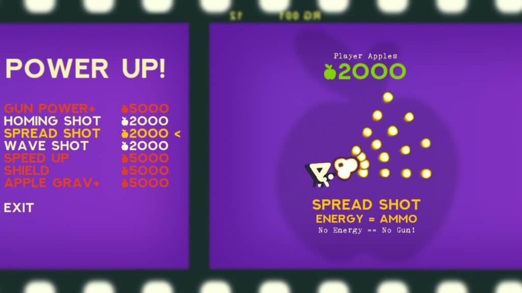 Upgrade screen in ZOE Begone showing power-ups and spread shot