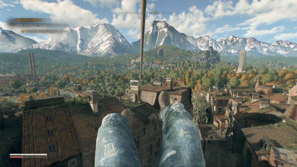 Player rides a zipline over rooftops with mountains ahead