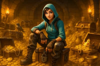 An AI generated image of a Fortnite character in a treasure room