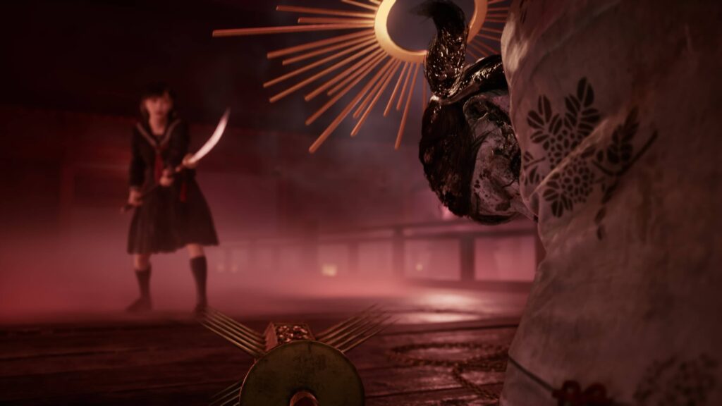 Hinako facing a monstrous boss with a glowing halo-like ornament in Silent Hill f