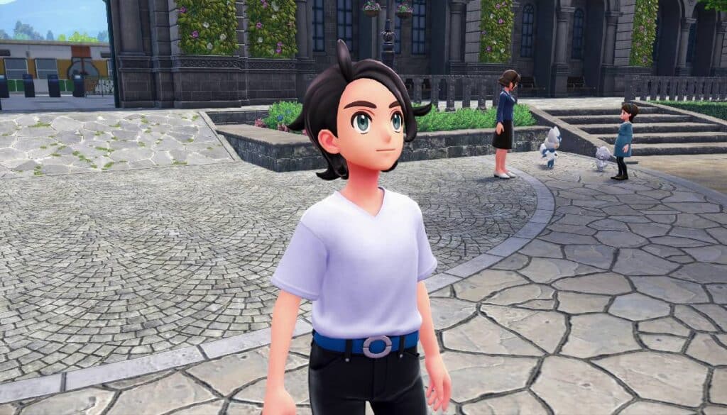Pokémon Legends: Z-A character stands on a cobblestone path, looking upwards