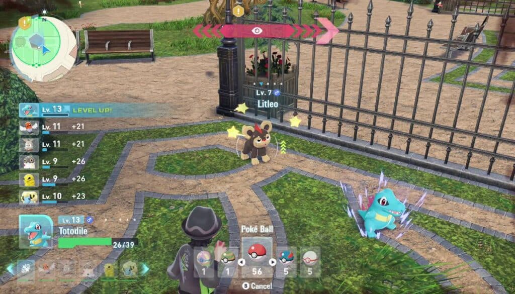 Pokémon Legends: Z-A scene featuring Totodile and Litleo in a garden setting