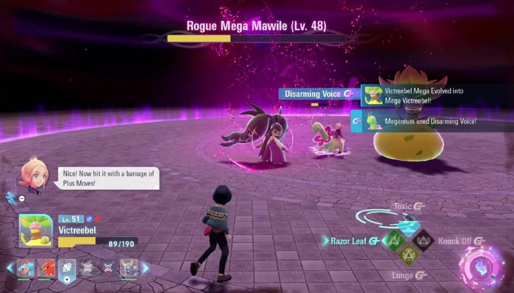 A player battles Rogue Mega Mawile in a virtual arena, accompanied by Vicreebel and Meganium in Pokémon Legends: Z-A