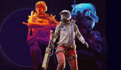 Three Arc Raiders characters in futuristic armor and helmets with contrasting blue and orange lighting.