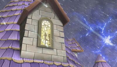 A stone tower with a glowing stained glass window against a dramatic, stormy sky in Wizard101