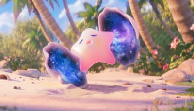 Floating star-shaped Aniimo with cosmic wings on a beach in Aniimo